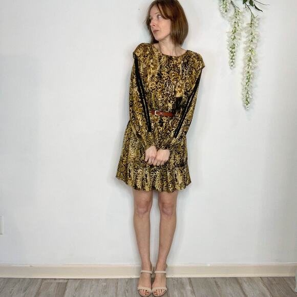 ba&sh Dresses & Skirts - BA&SH Sym trapeze shift dress ochre ruffled bib front snakeskin print 2730